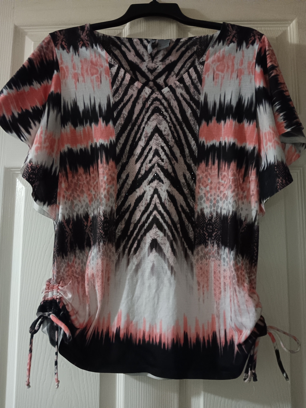 New Directions Coral Black White Patterned Short Sleeve Tunic Size Large